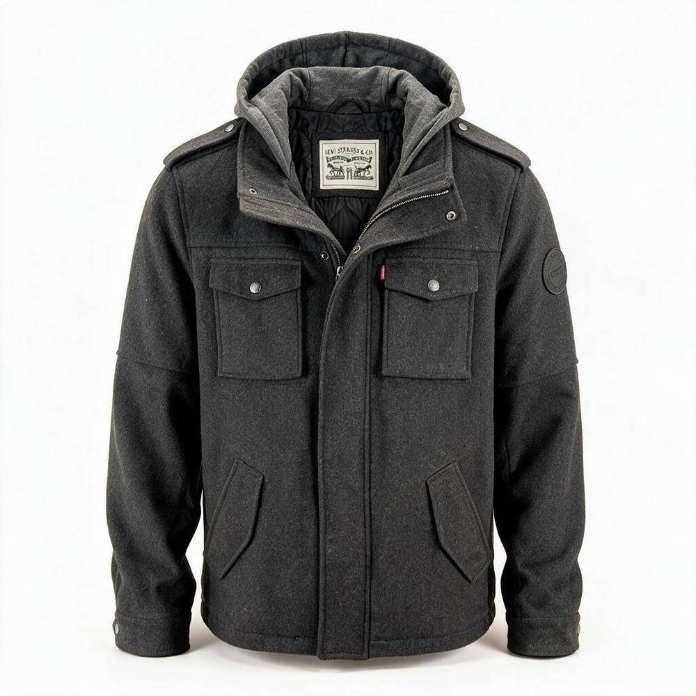 Levi's Military Field Jacket Men L Charcoal Wool Blend Hooded Quilted Lined 3044